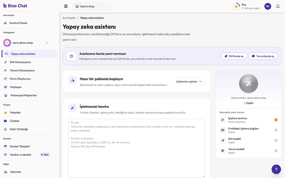 BixoChat Yapay zeka asistanı sayfası: işletme açıklaması alanı, DM ve yorum hedefleri, kanal anahtarları