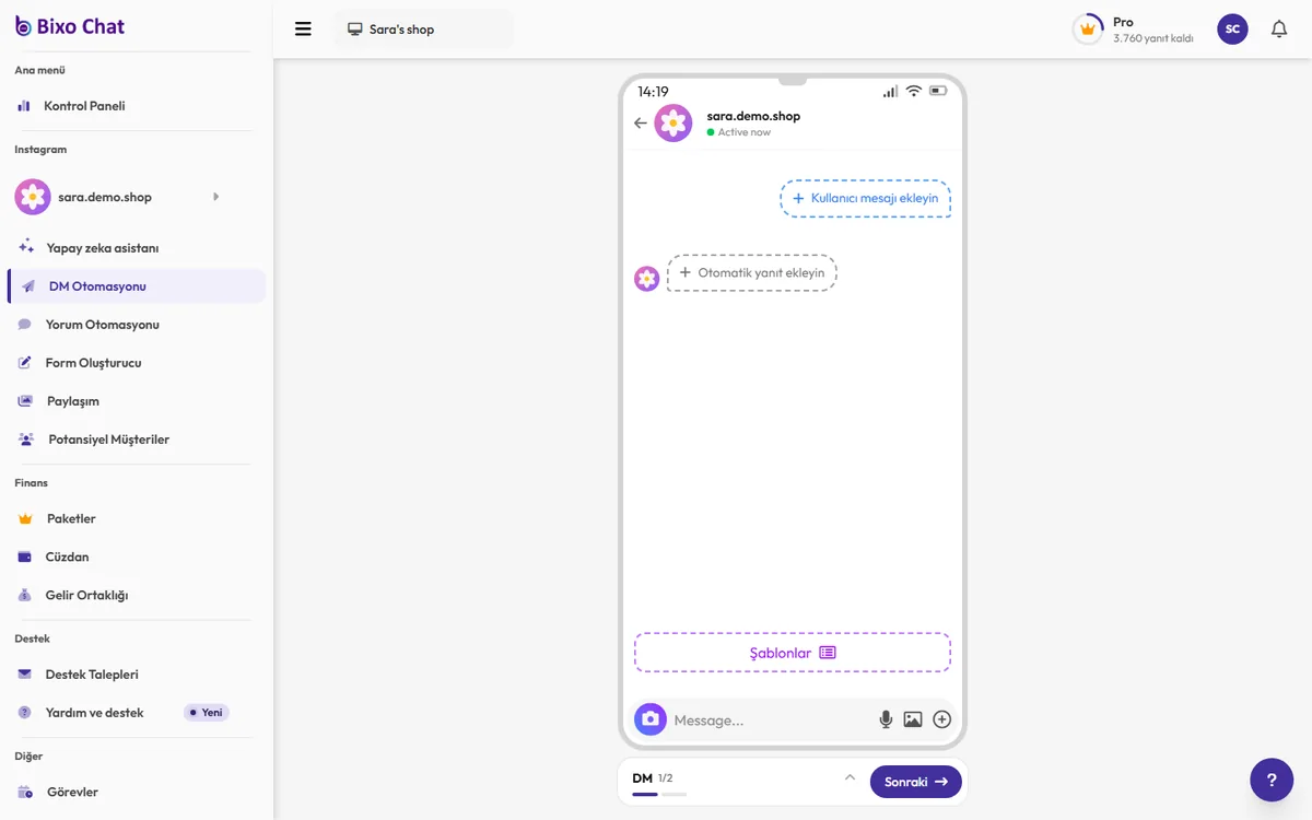 BixoChat DM Otomasyonu formu: kullanıcı mesajı ve otomatik yanıt alanları